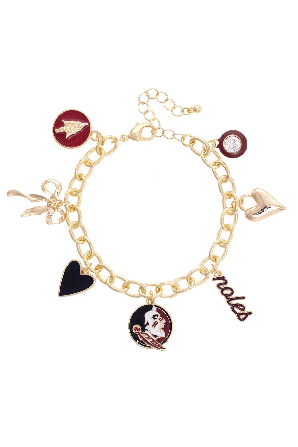 A shiny gold-plated charm bracelet with colorful enamel Florida State Seminoles icons on a 2.5" diameter band.