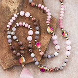 Natural Stone Bead Necklace with Stone Pendant-Pink