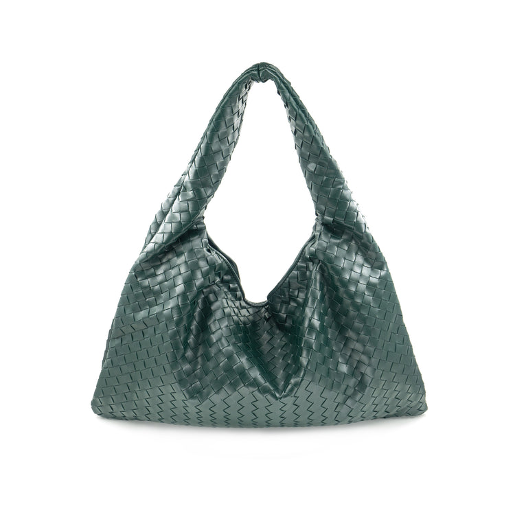 Green woven shoulder bag with soft structure and magnetic closure, designed for stylish and functional everyday use
