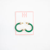 Mini Kelly Green hoop earrings with glossy finish, small and lightweight design