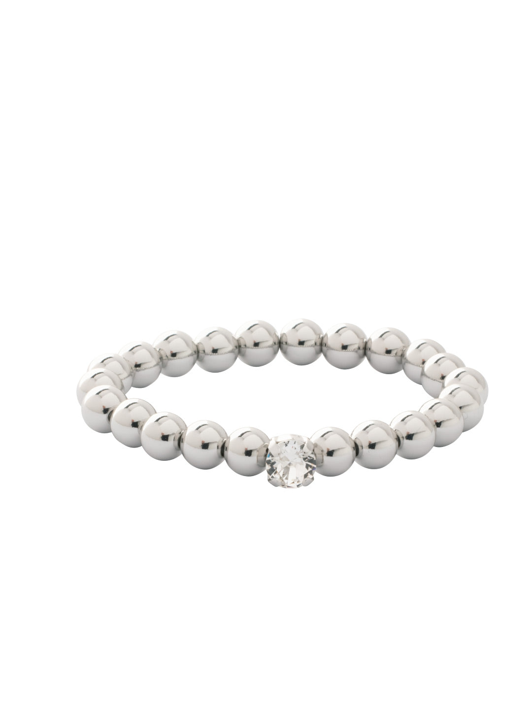 Silver-tone stretch bracelet with repeating metal beads and a single round crystal accent