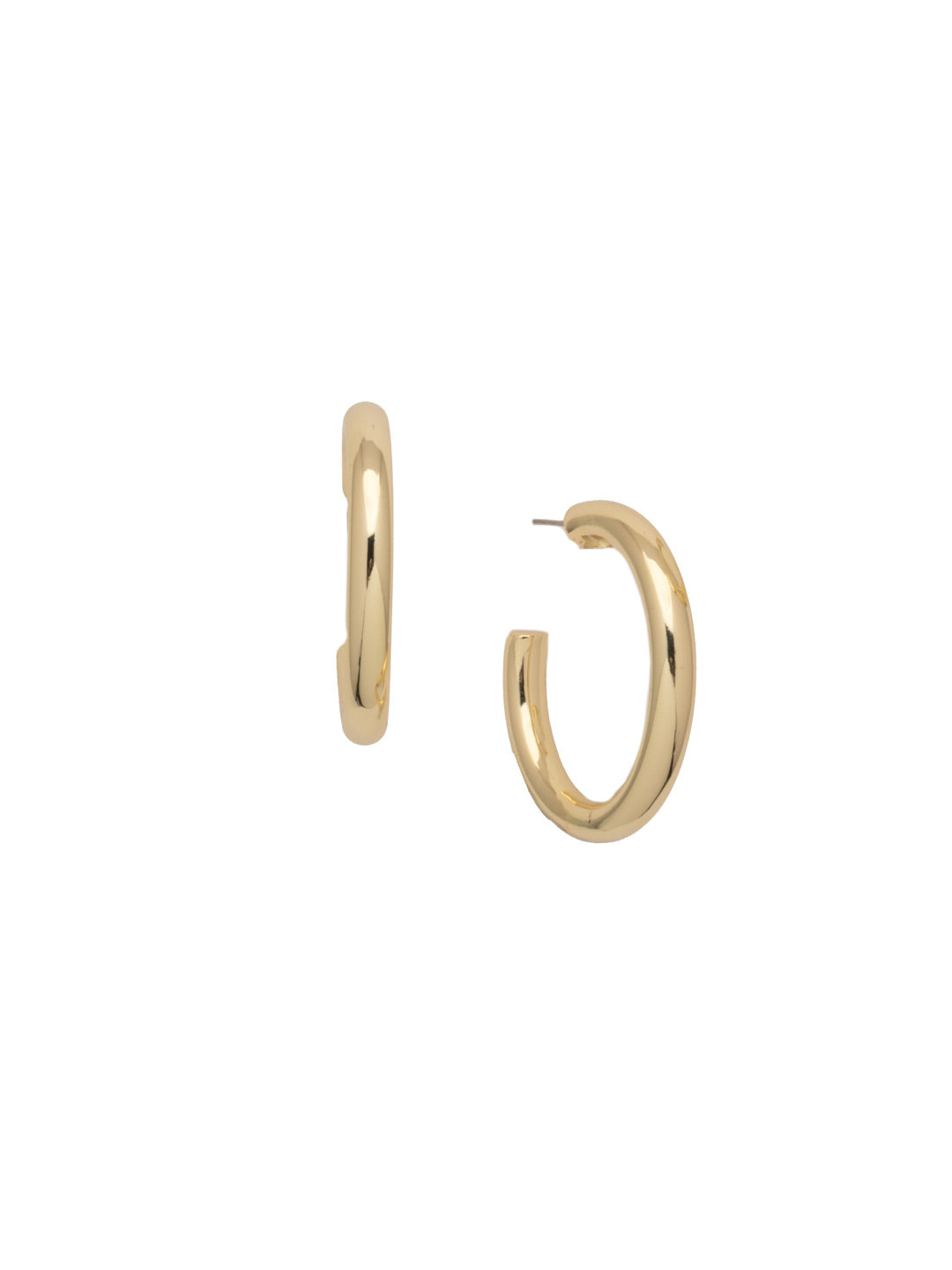 Bright gold-tone open hoop earrings with classic shape and secure backing