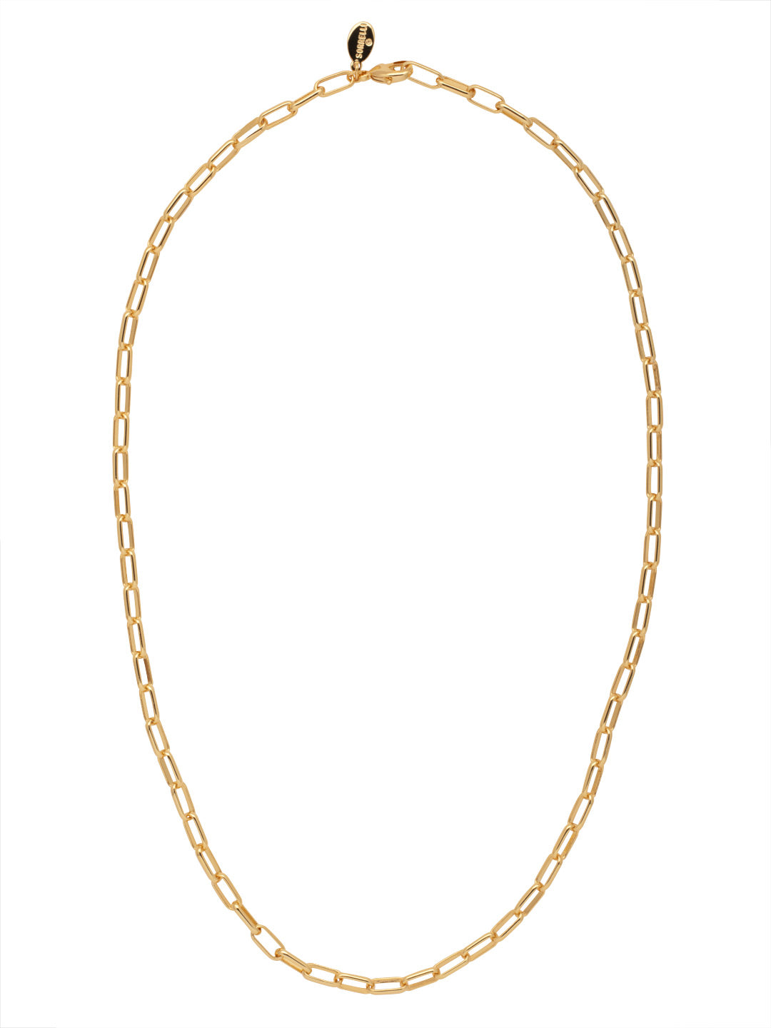 Bright gold rectangular chain necklace with bold links and adjustable collarbone-grazing length