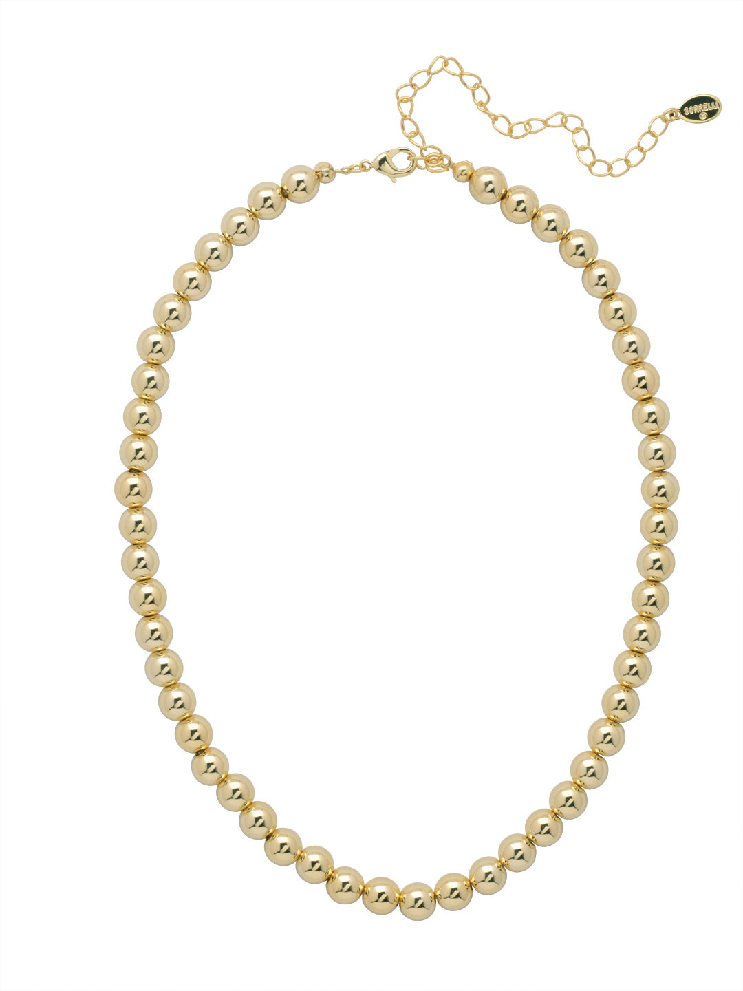 Bright gold necklace with repeating bead design and adjustable collarbone-length fit