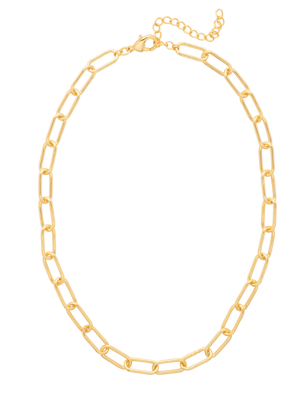 Bright gold chunky paperclip necklace with bold links and collarbone-grazing length