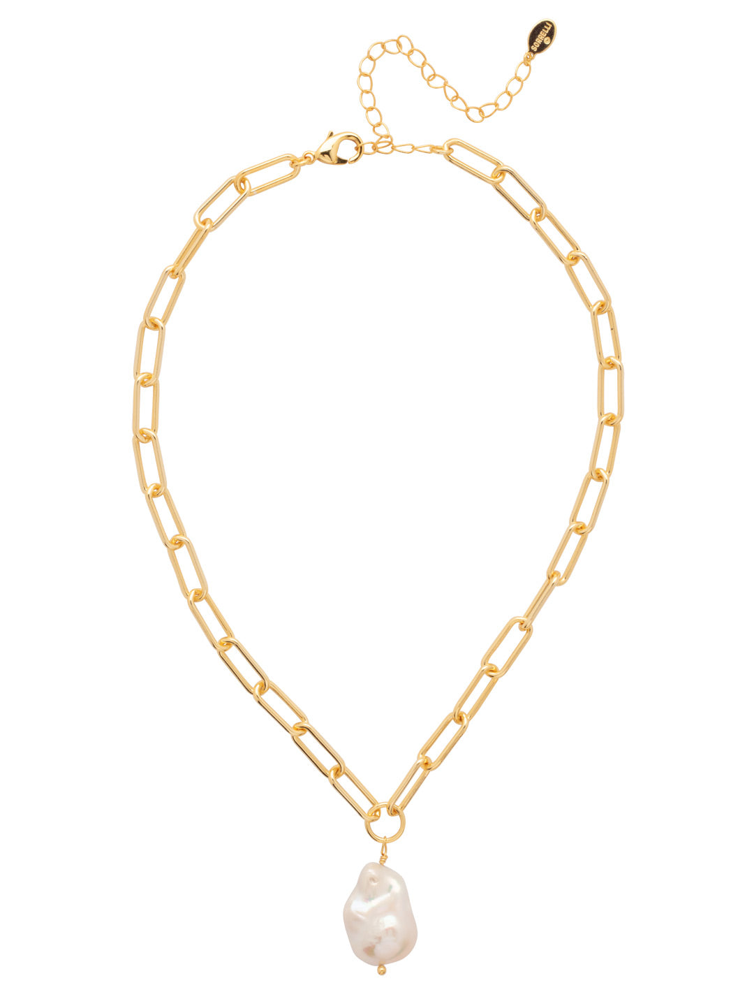 Bright gold-tone paperclip chain necklace with baroque freshwater pearl pendant from Sorrelli’s Modern Pearl Collection.