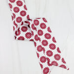 White satin scarf with garnet floral pattern, double-sided with diagonal ends