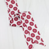 White satin scarf with garnet floral pattern, double-sided with diagonal ends