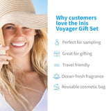 Aqua blue cotton cosmetic bag holding four travel-size Inis products: cologne, hand cream, shower gel, and body lotion.