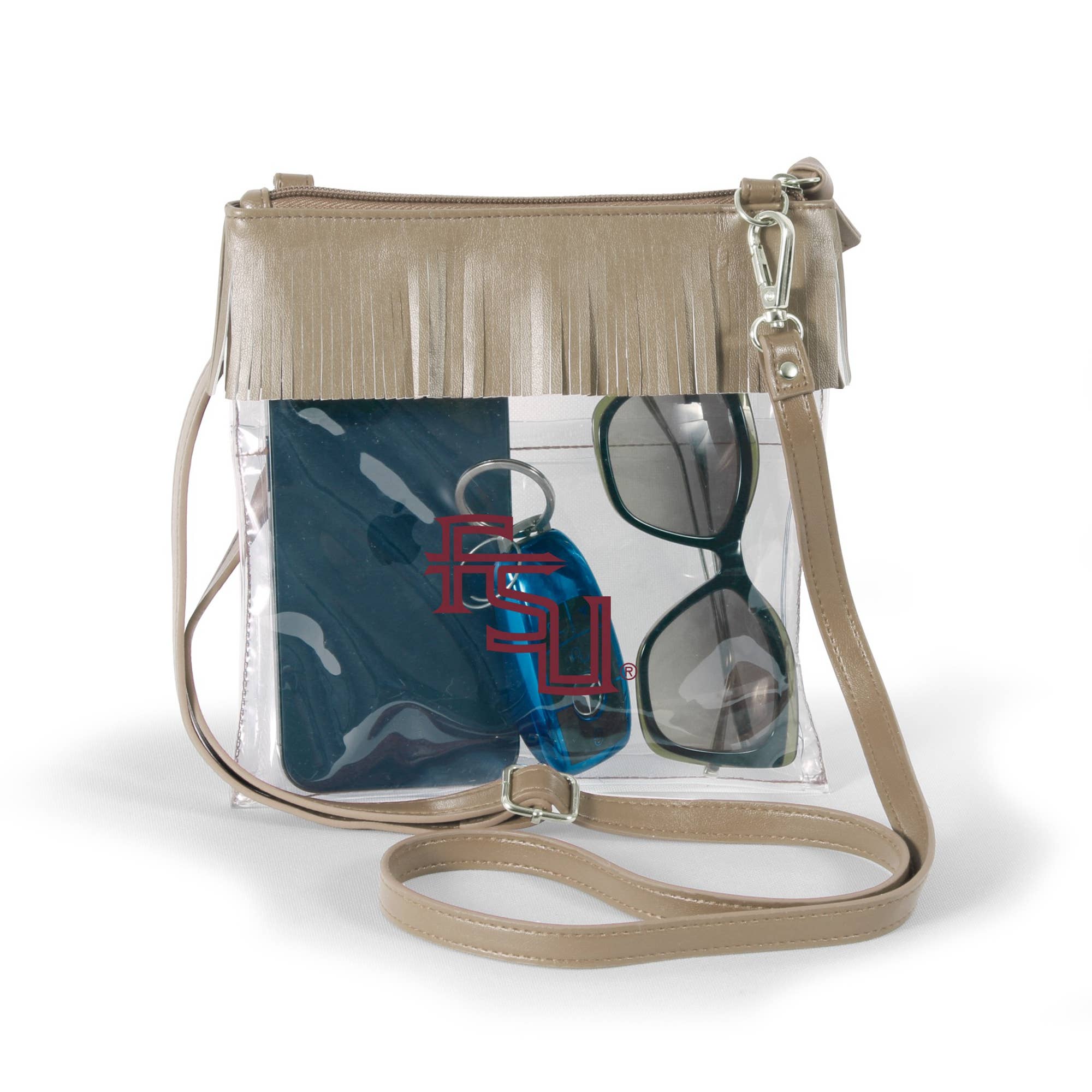 Clear crossbody purse with gold vegan leather, fringe trim, and FSU logo, designed for stadium approval and style.