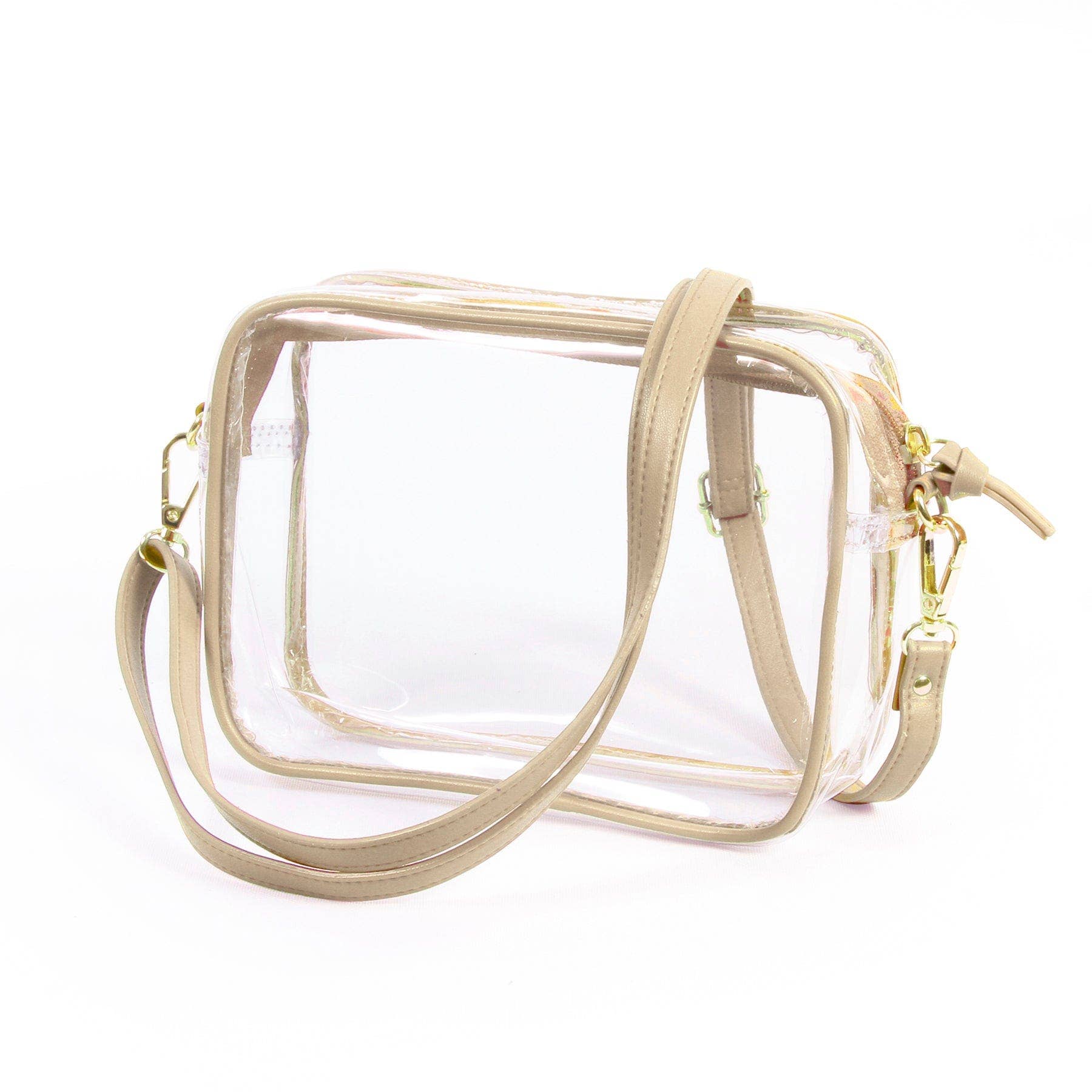 Clear crossbody purse with gold vegan leather trim and brass hardware, perfect for stadium entry and stylish events.