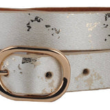 Gold shimmer leather belt with matching gold buckle.