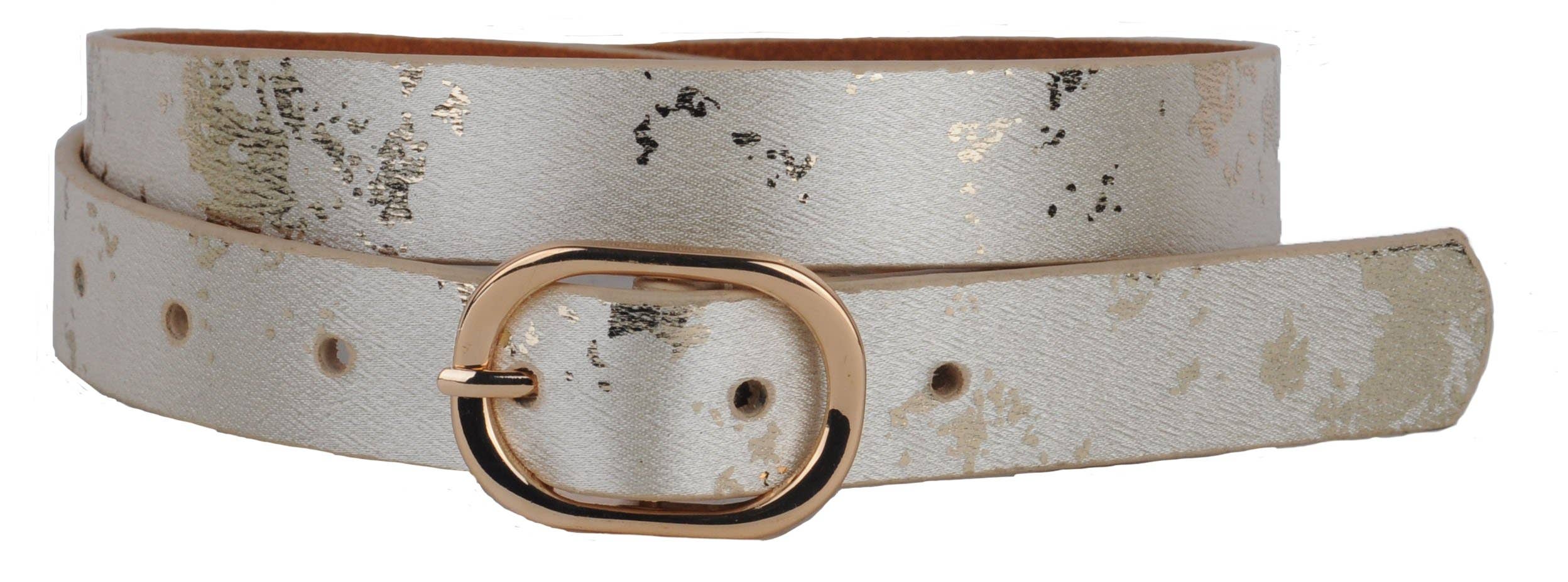 Gold shimmer leather belt with matching gold buckle.
