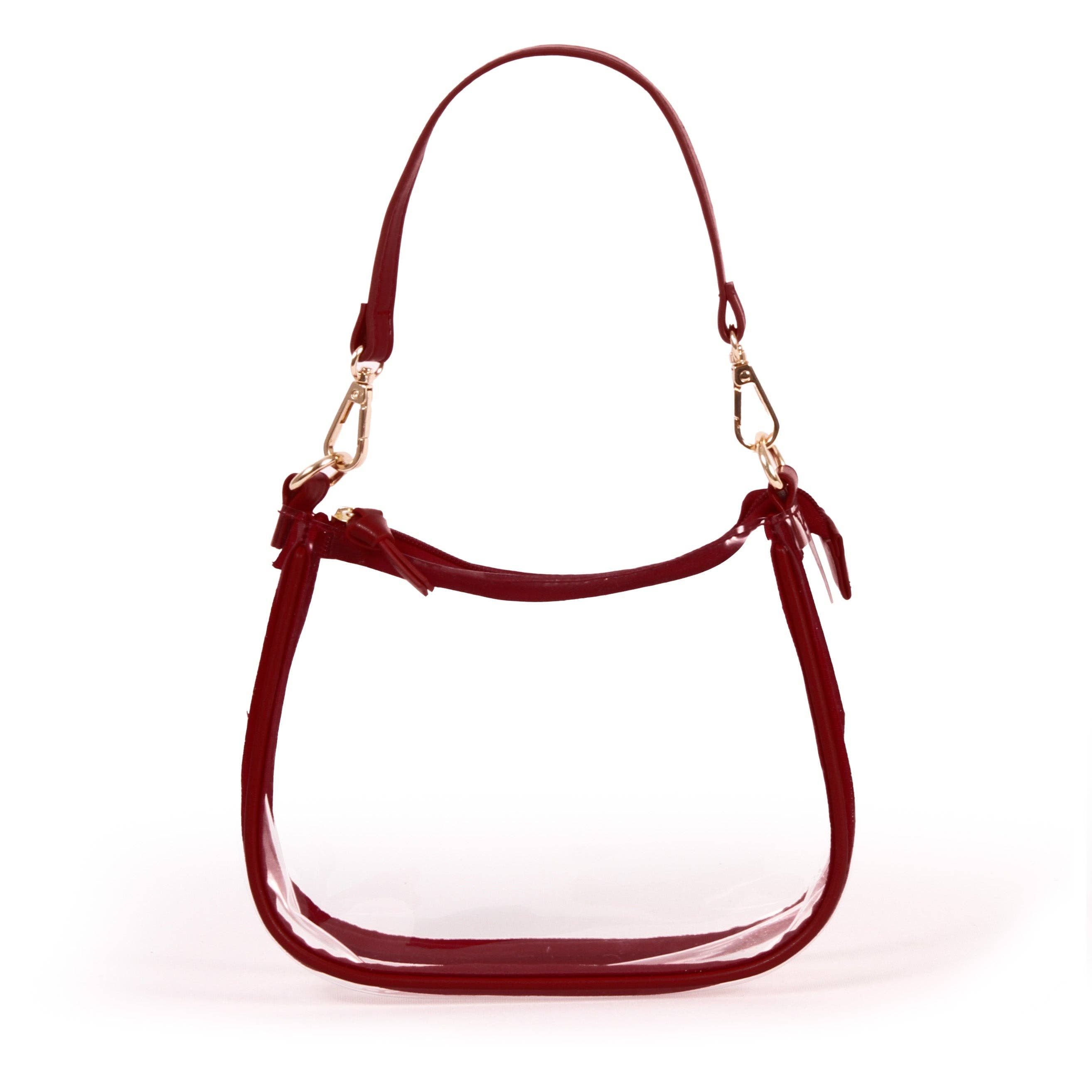 Clear crossbody stadium bag with garnet straps and gold hardware, perfect for stylish game day looks.