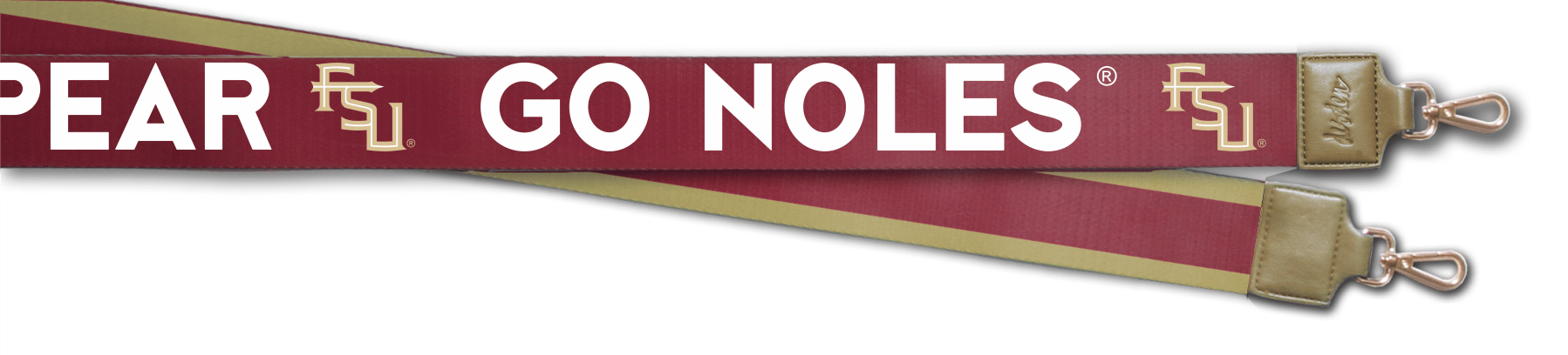 Reversible garnet and gold FSU purse strap with "Fear the Spear" and "Go Noles" text, adjustable with brass hardware.