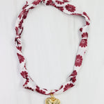 Maroon and white floral scarf necklace with puff heart charm pendant