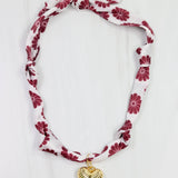 Maroon and white floral scarf necklace with puff heart charm pendant