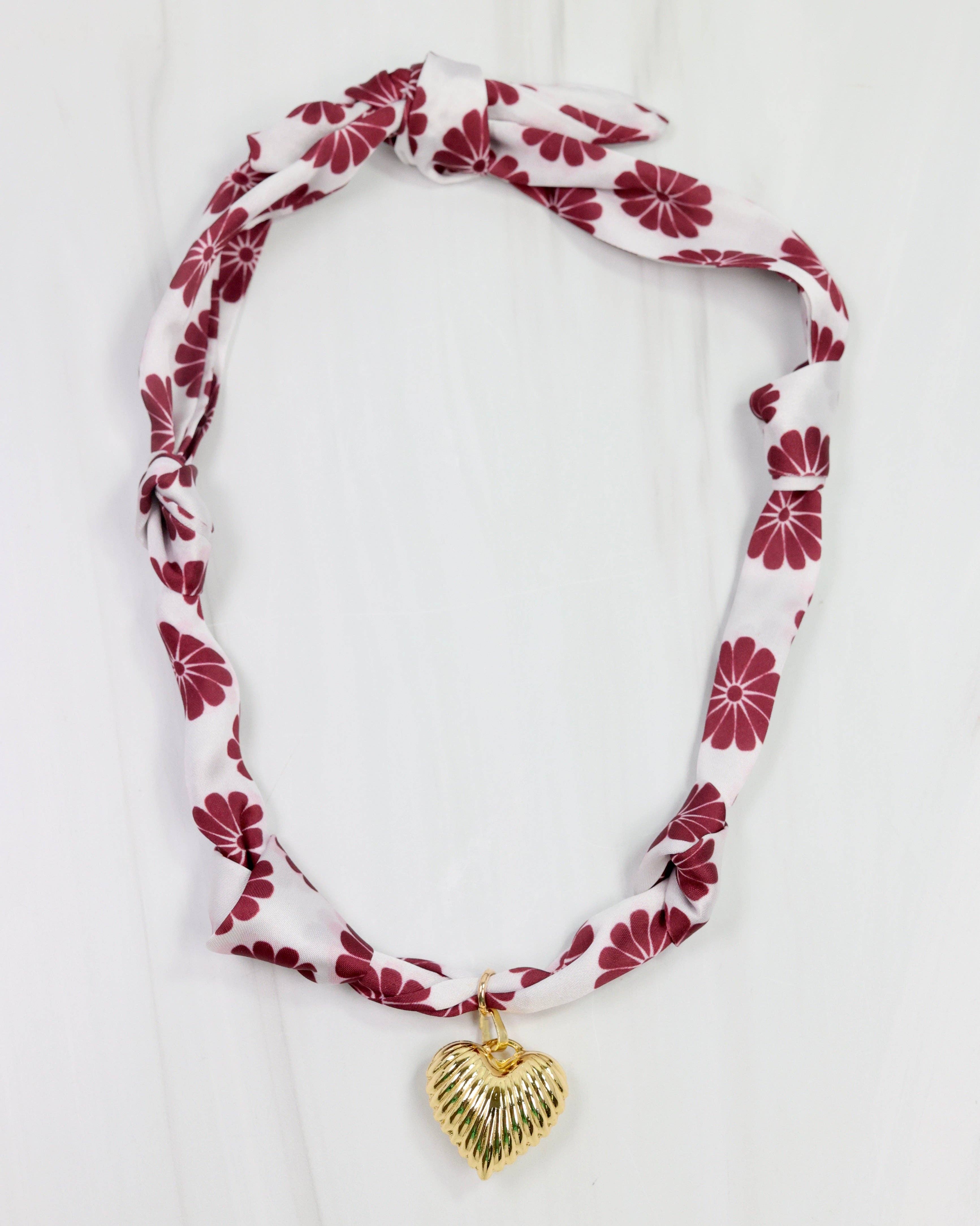 Maroon and white floral scarf necklace with puff heart charm pendant