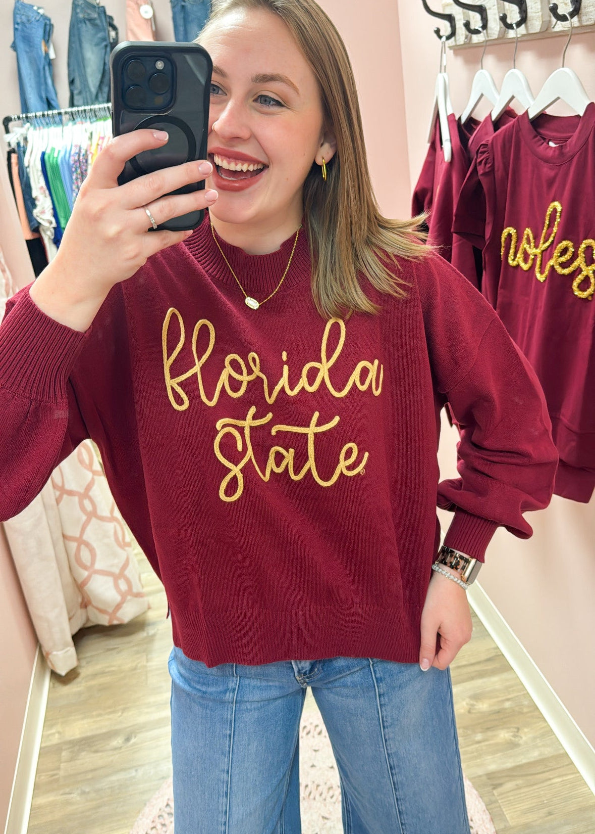 Garnet mock-neck sweater with “Florida State” embroidered in gold rope script across the front