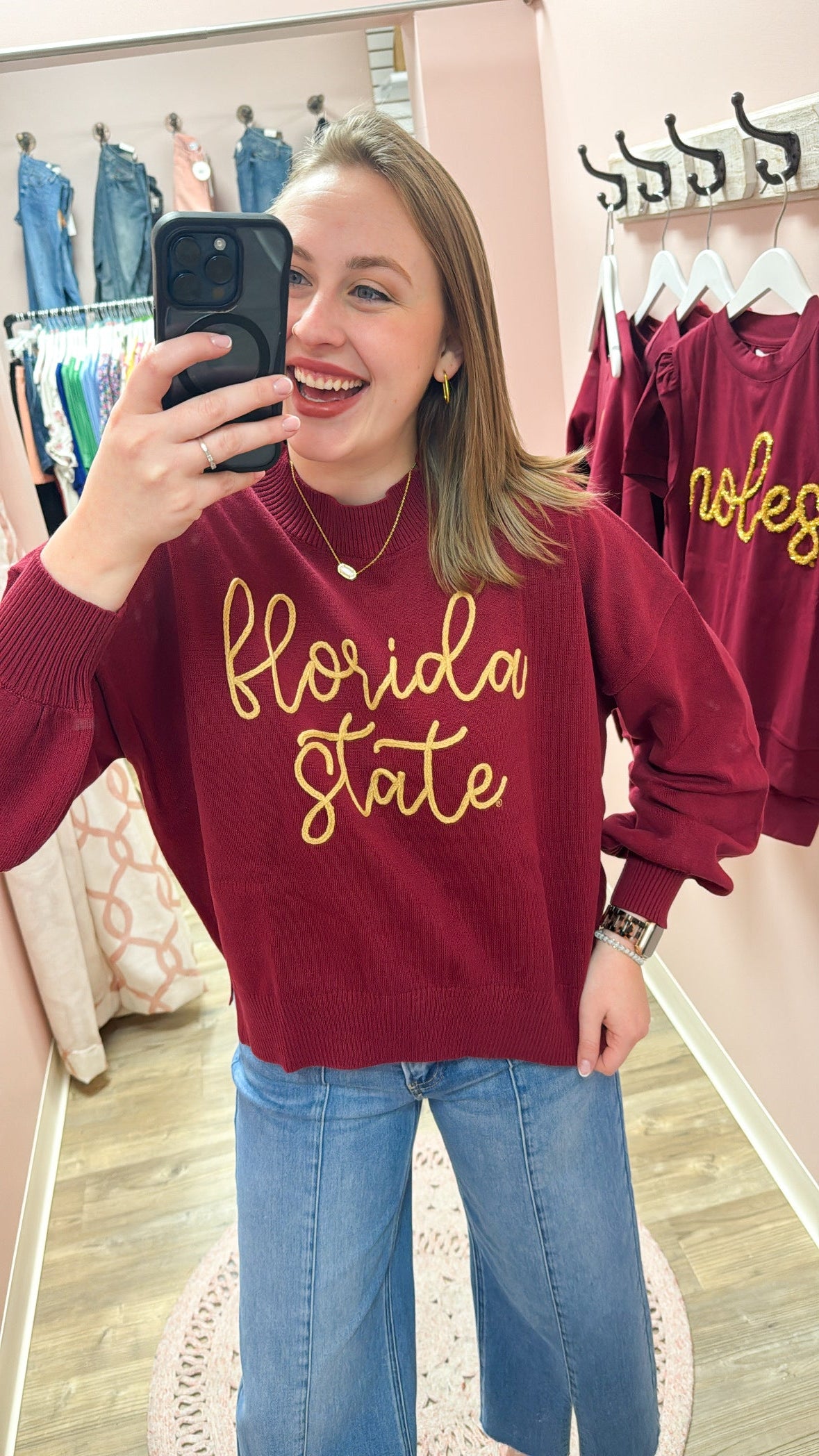 Garnet mock-neck sweater with “Florida State” embroidered in gold rope script across the front