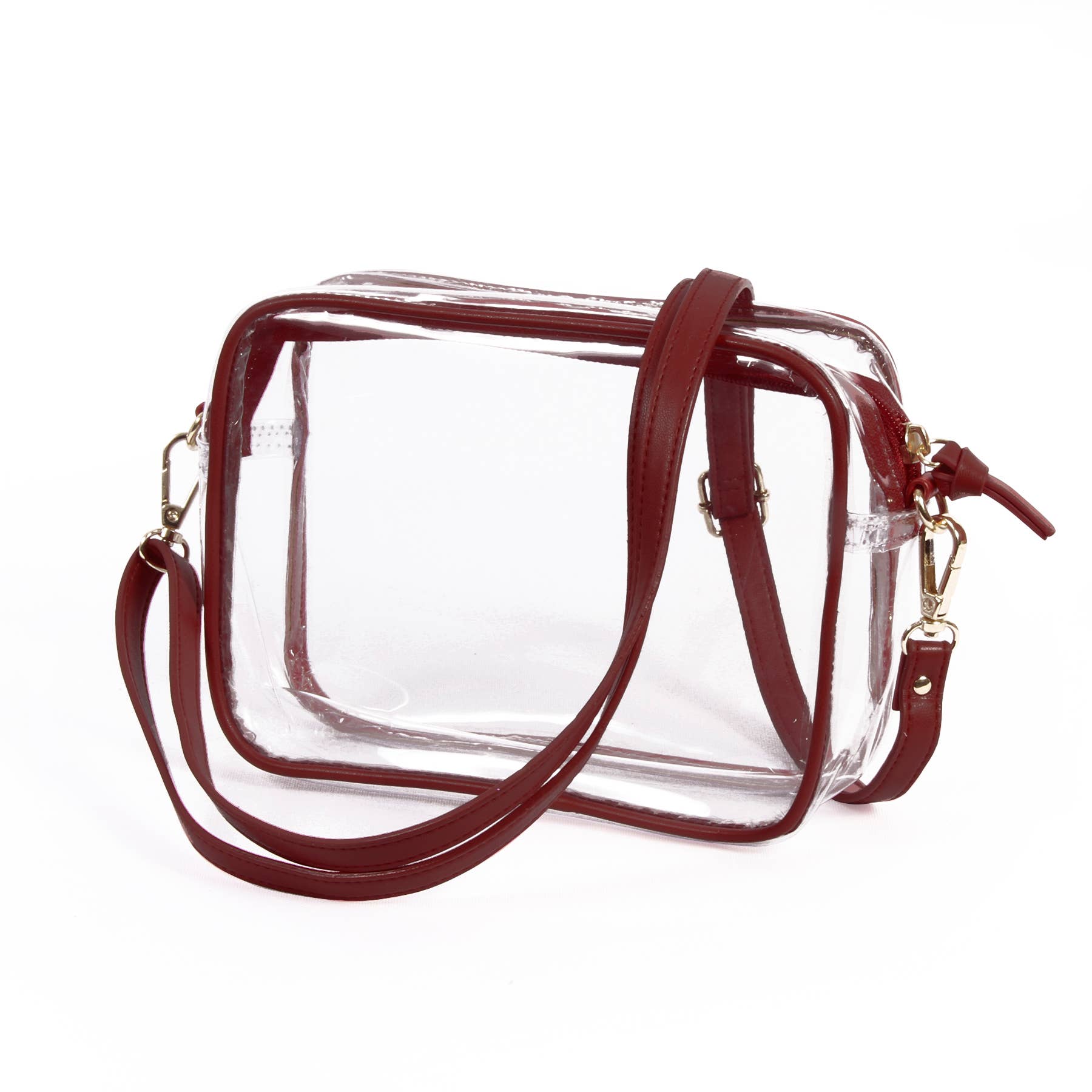 Clear crossbody purse with garnet vegan leather trim and brass hardware, designed for stadium approval and gameday style.
