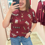 Garnet cap-sleeve crewneck top with sequined FSU logos and phrases on front and back