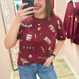 Garnet cap-sleeve crewneck top with sequined FSU logos and phrases on front and back