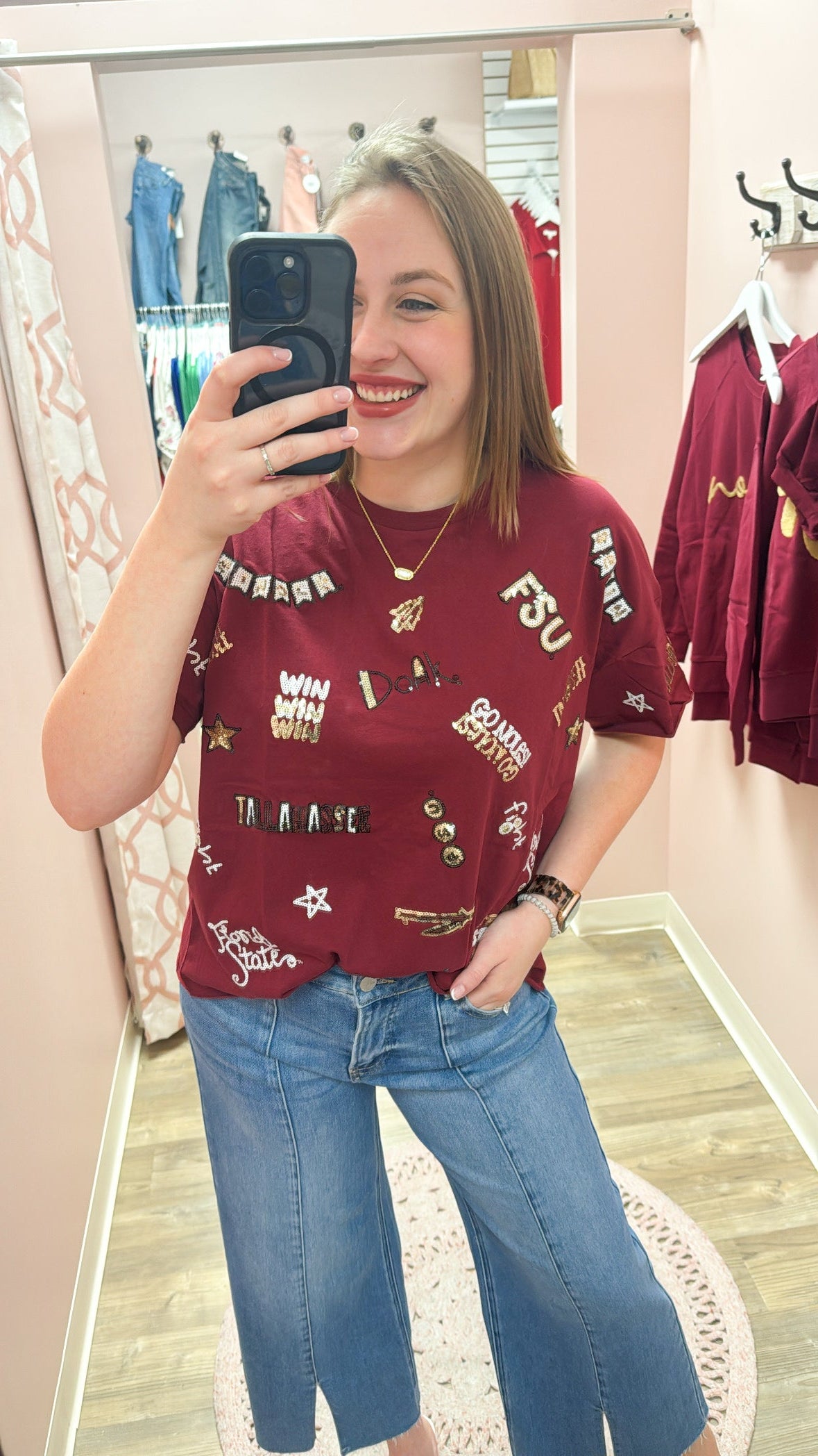 Garnet cap-sleeve crewneck top with sequined FSU logos and phrases on front and back