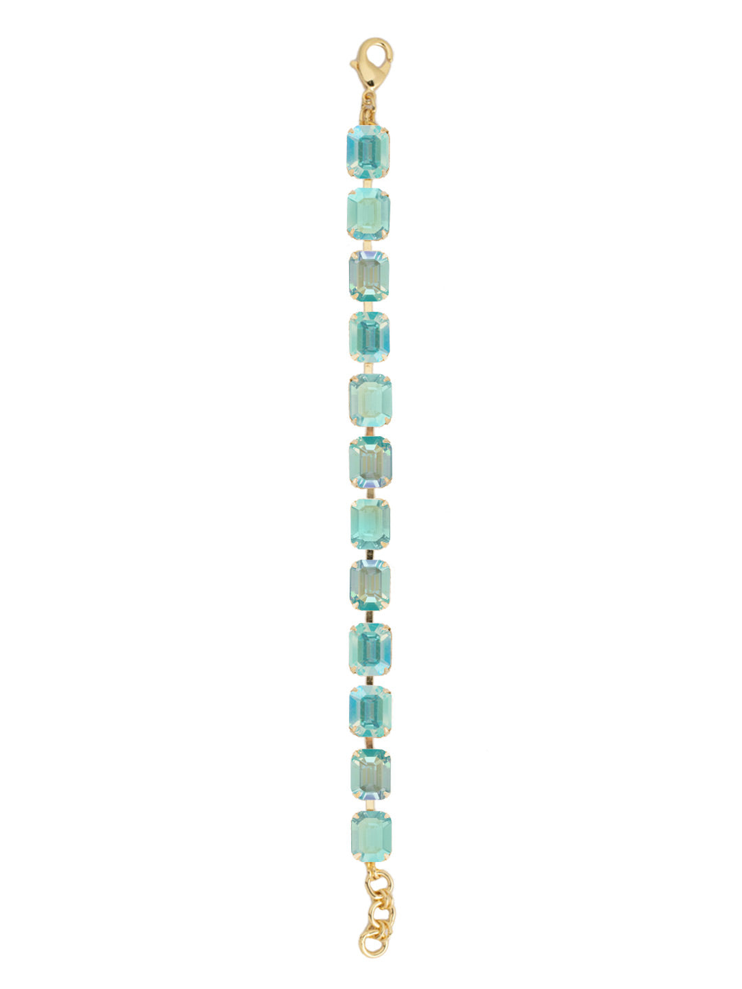 Bright gold-tone tennis bracelet featuring emerald-cut Aqua Aurora Borealis crystals from Sorrelli’s Octavia design.