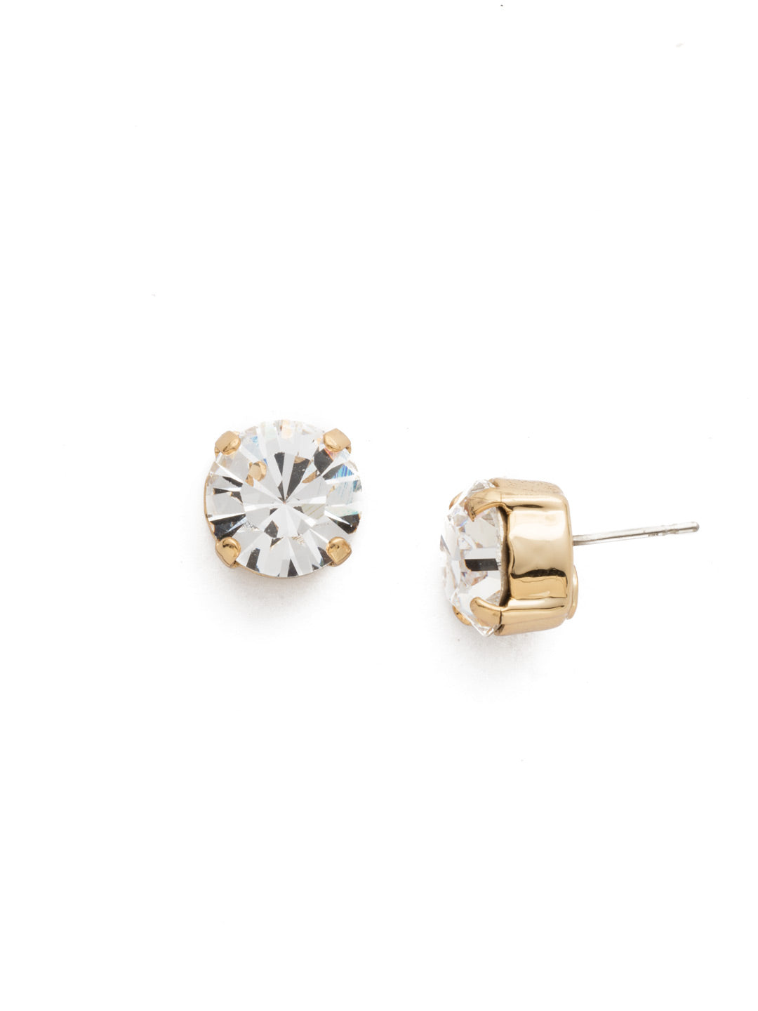 Round clear crystal stud earrings in bright gold-tone setting with post backing