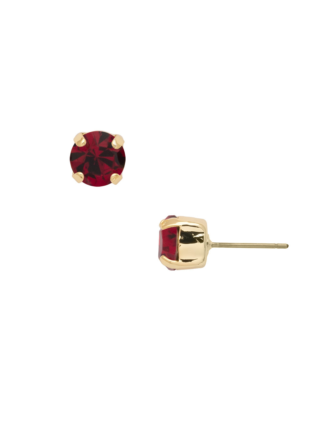 Bright gold-tone stud earrings with single Red Siam crystal set on a surgical steel post.