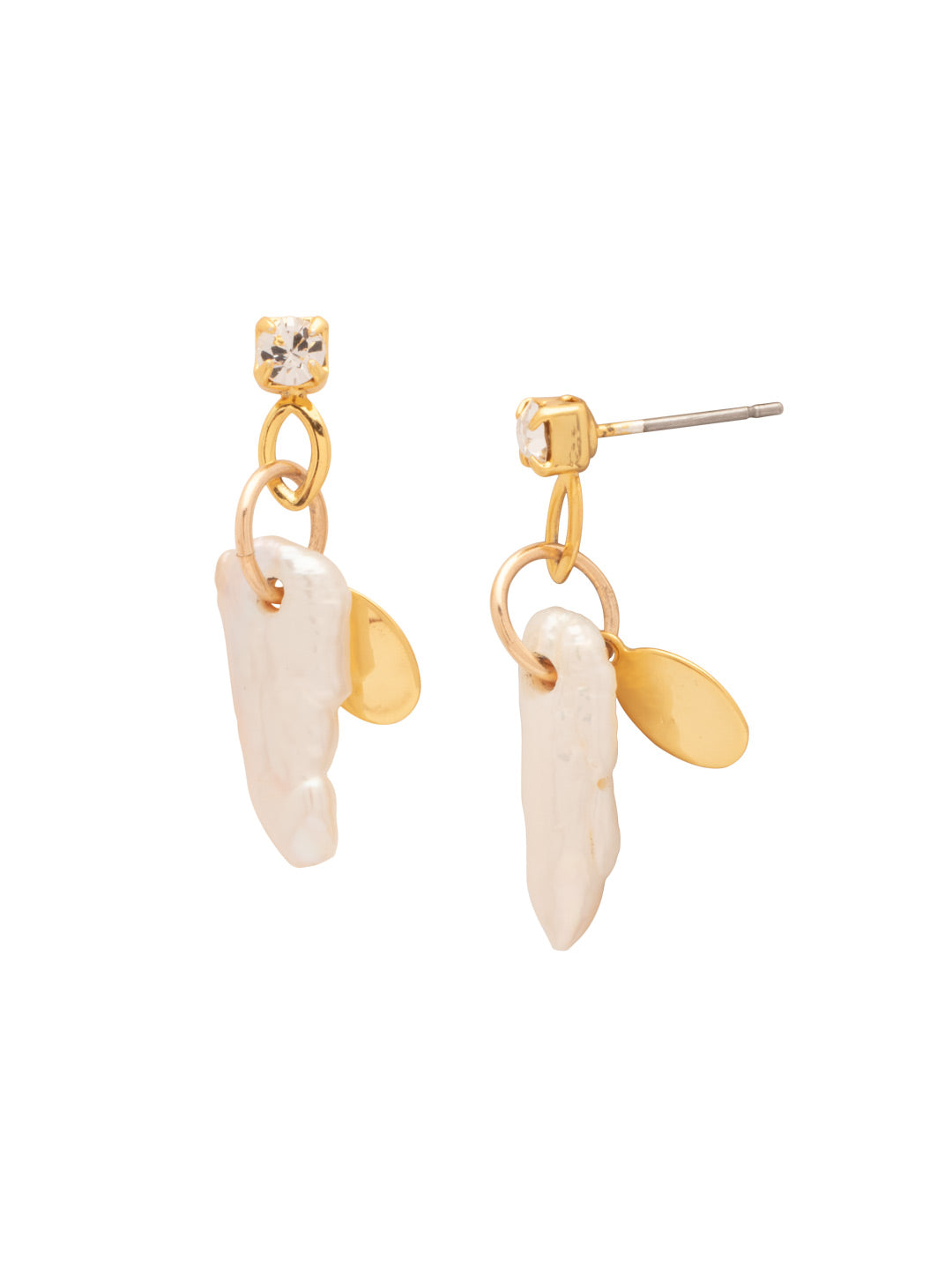 Bright gold-tone dangle earrings with freshwater pearl and round-cut crystal stud from Sorrelli’s Modern Pearl Collection.