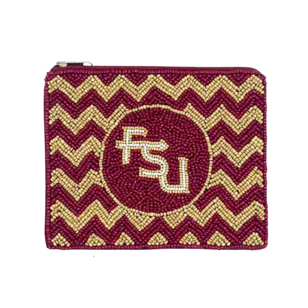 Maroon and gold chevron patterned pouch with 'FSU' logo