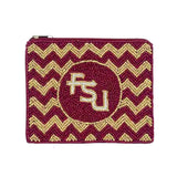 Maroon and gold chevron patterned pouch with 'FSU' logo