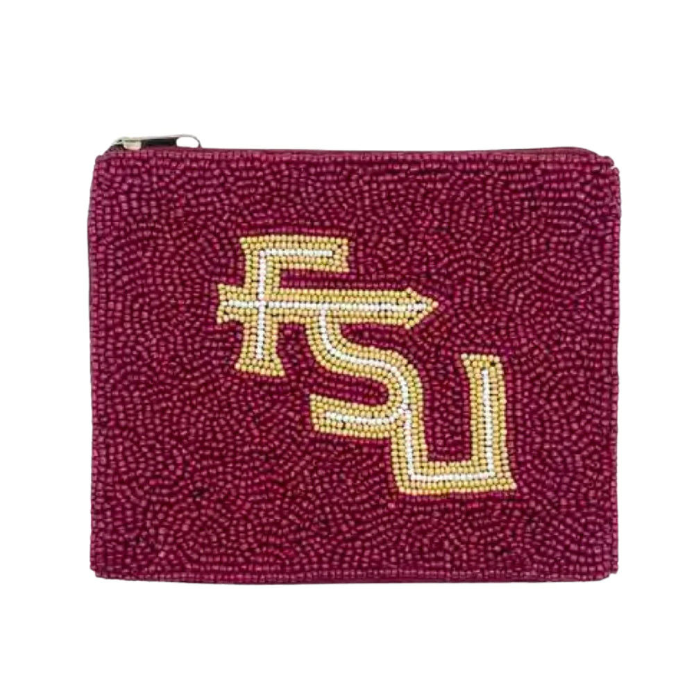 Maroon keychain with a logo
