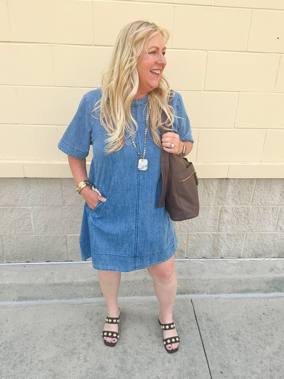 Denim style mini dress, perfect for your next outing.