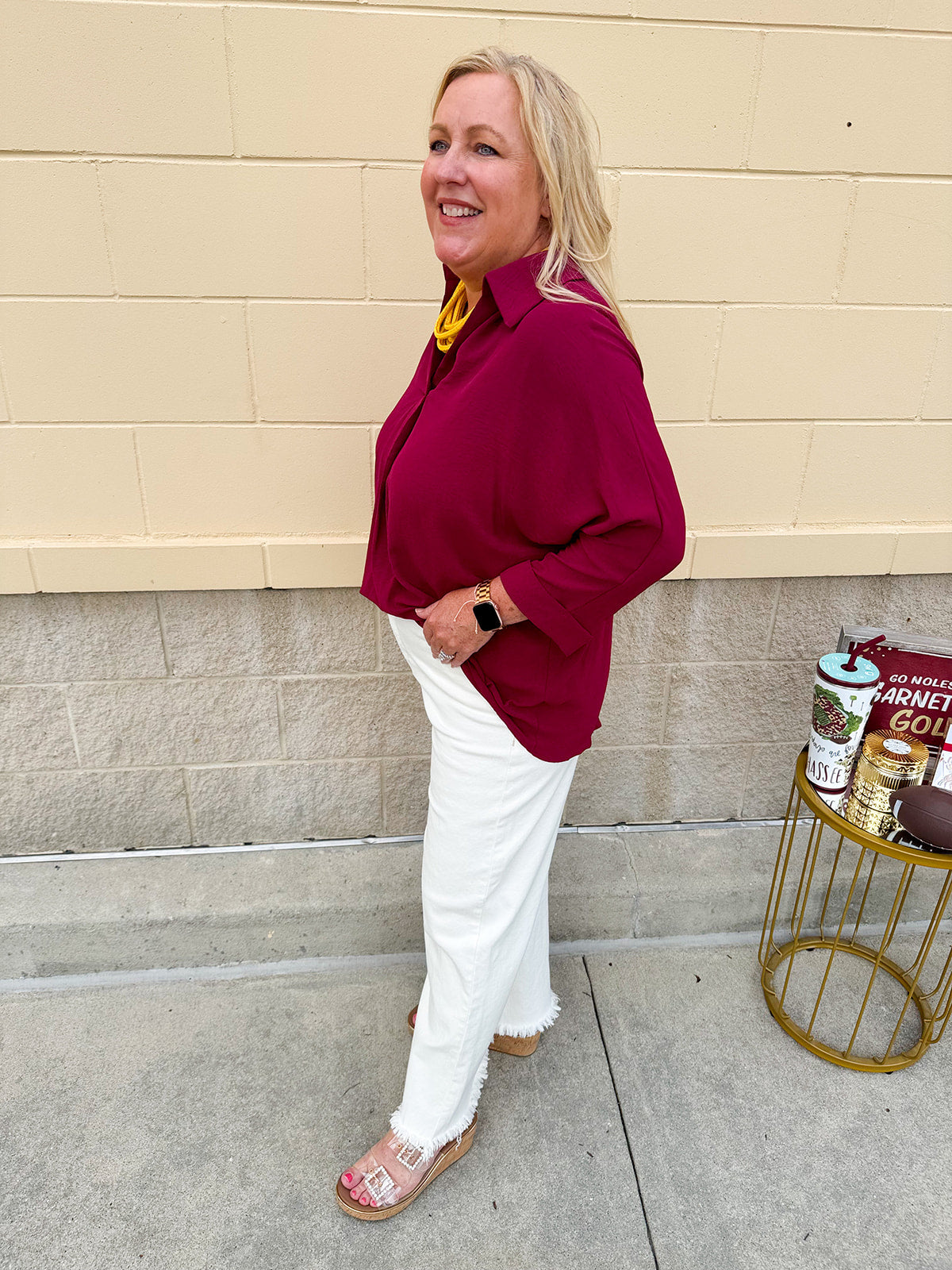Garnet 3/4 sleeve collared blouse with cuffed sleeves, perfect for game day