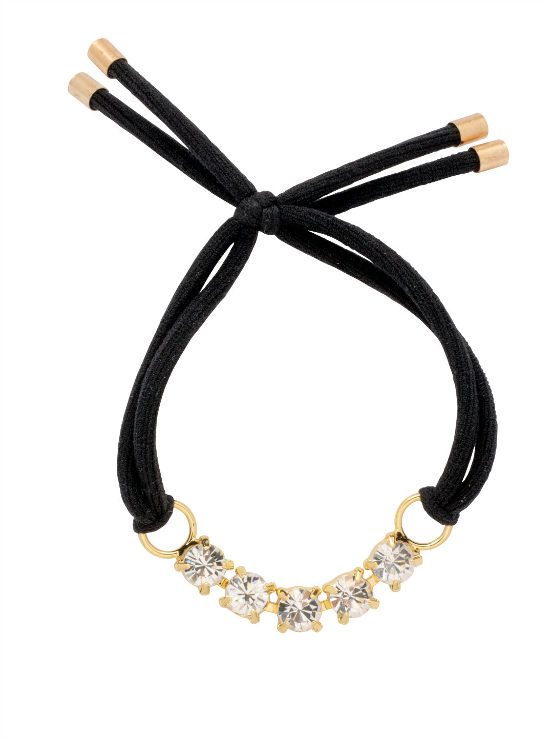 Gold-tone elastic hair tie with a row of shimmering round-cut crystals