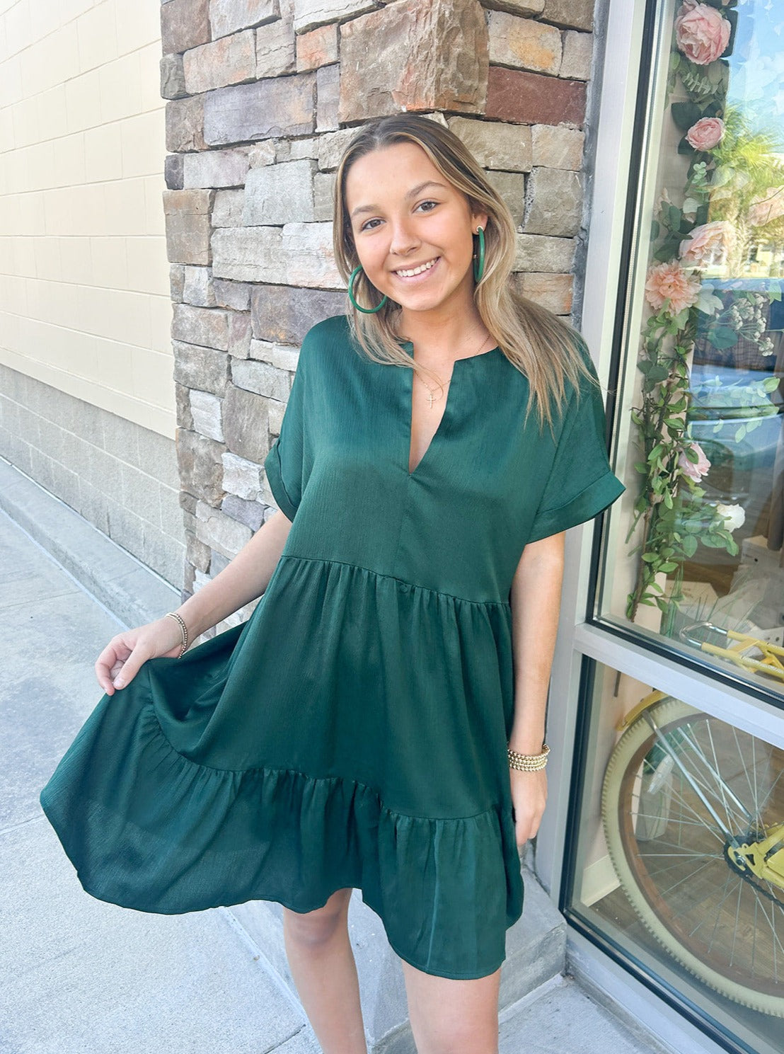 Special Treat V-Neck Dress-Green | Front View