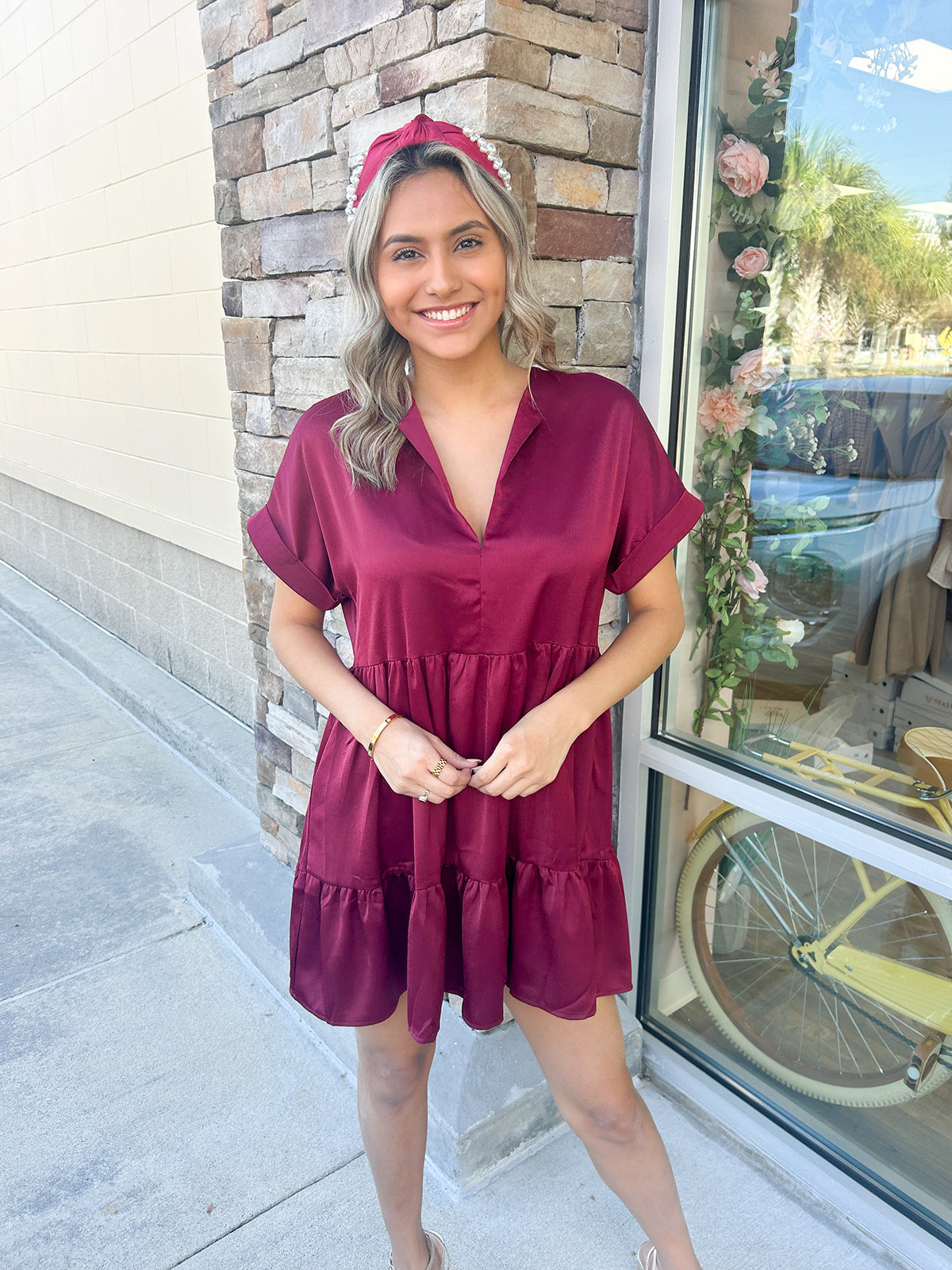Special Treat V-Neck Dress-Burgundy | Front View