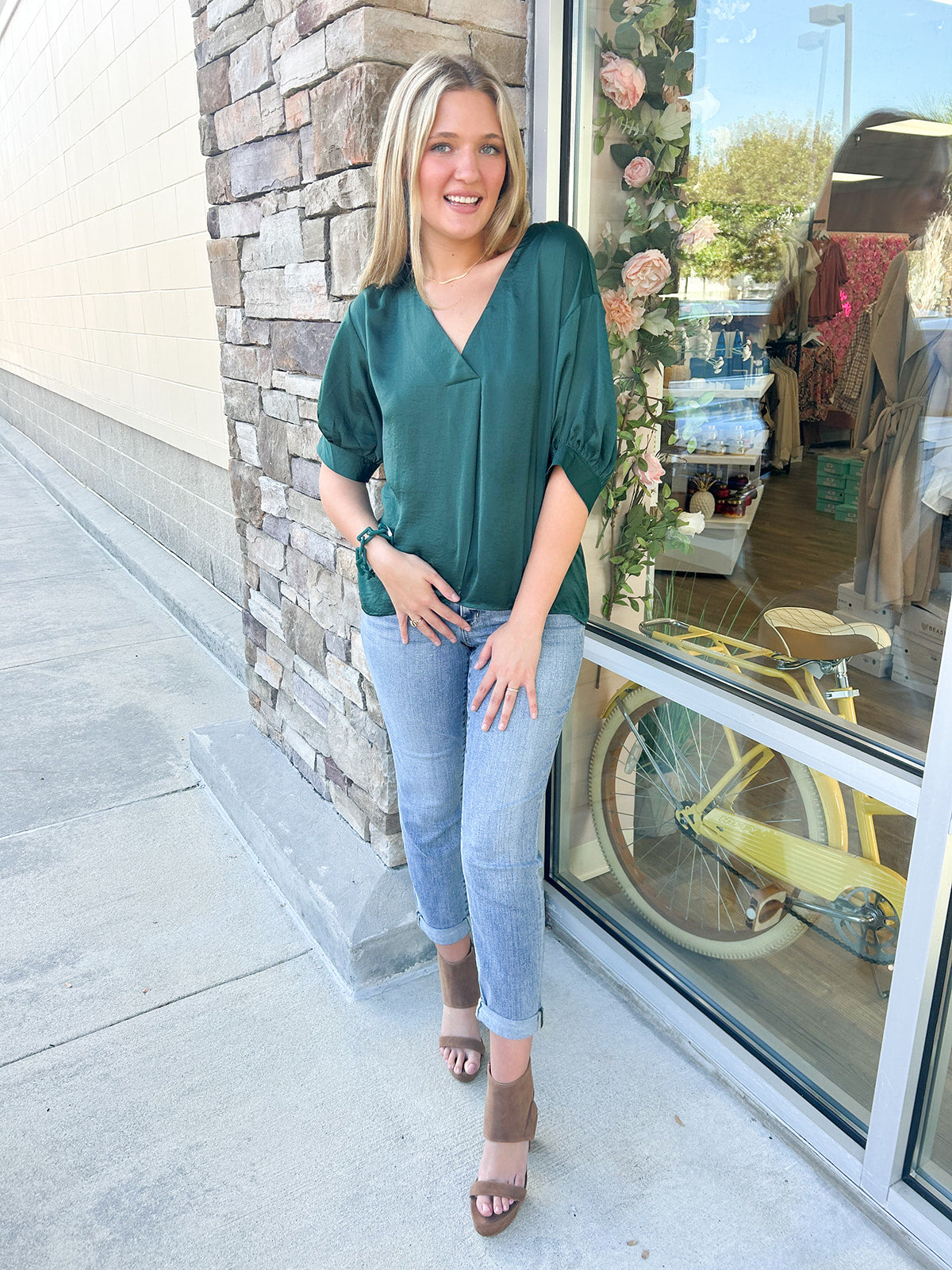 Naturally Radiant V-Neck Top-Green | Styled View
