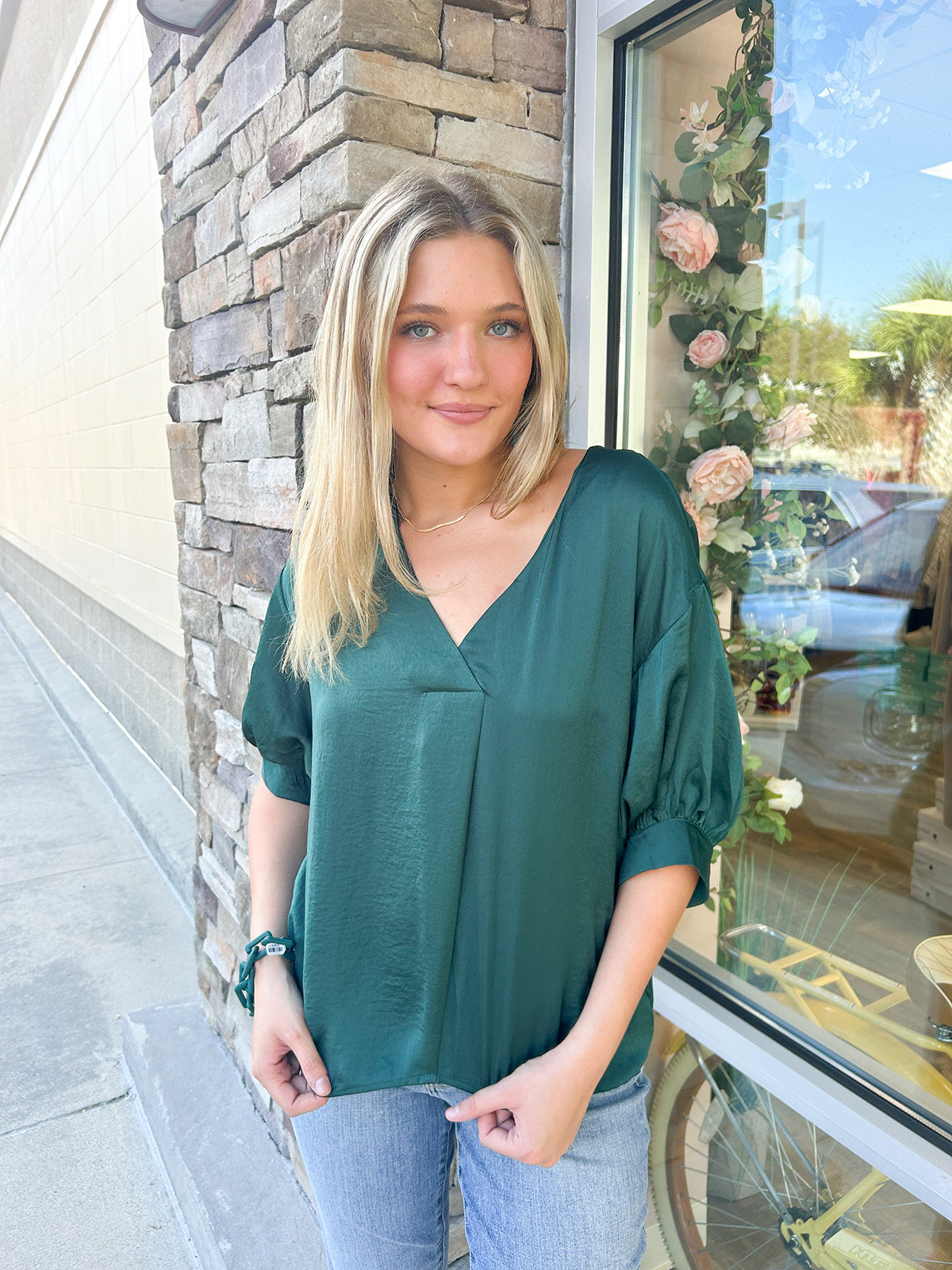 Naturally Radiant V-Neck Top-Green | Front View