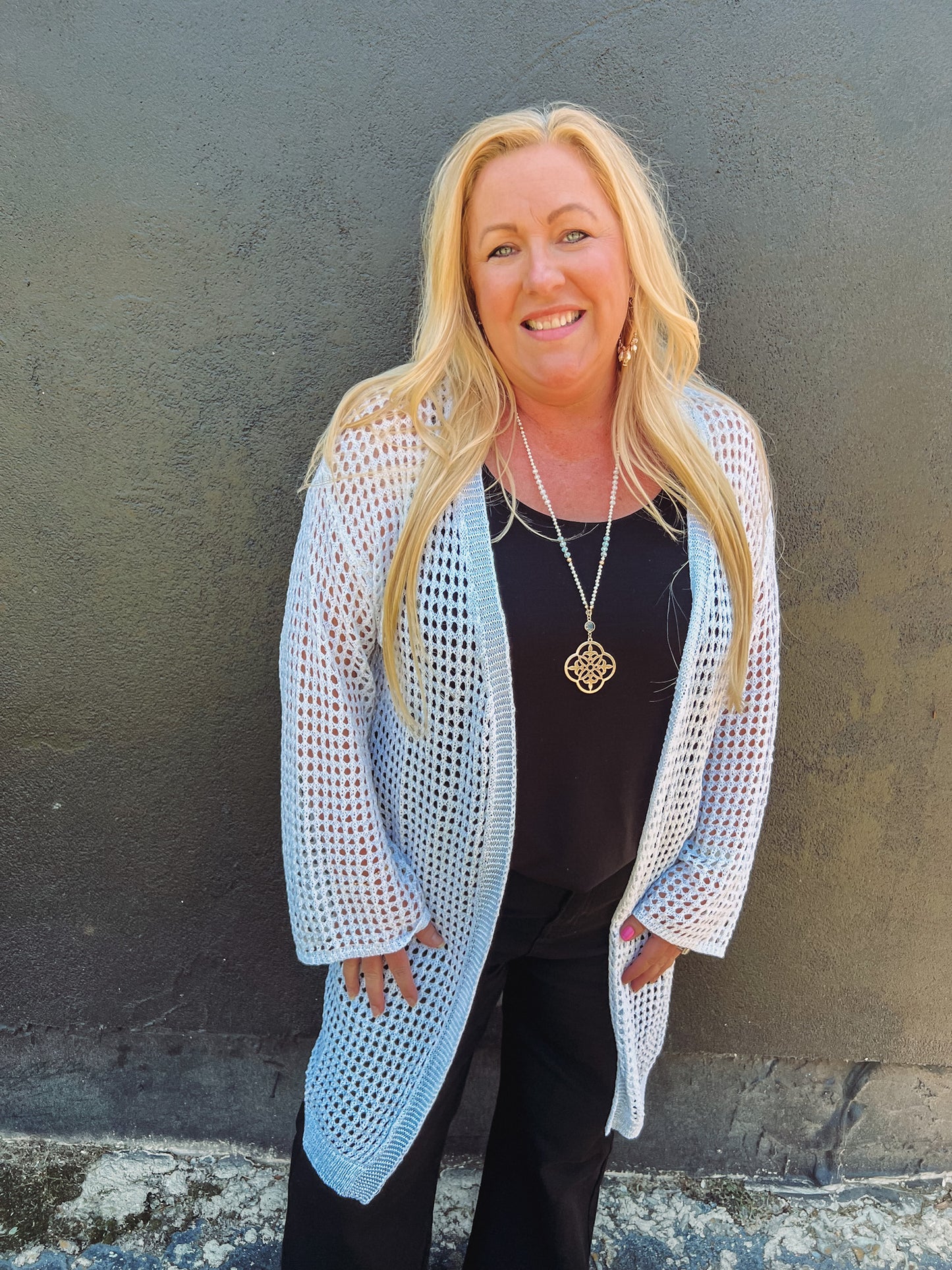 Malibu Villa Open Knit Cardigan | Styled View