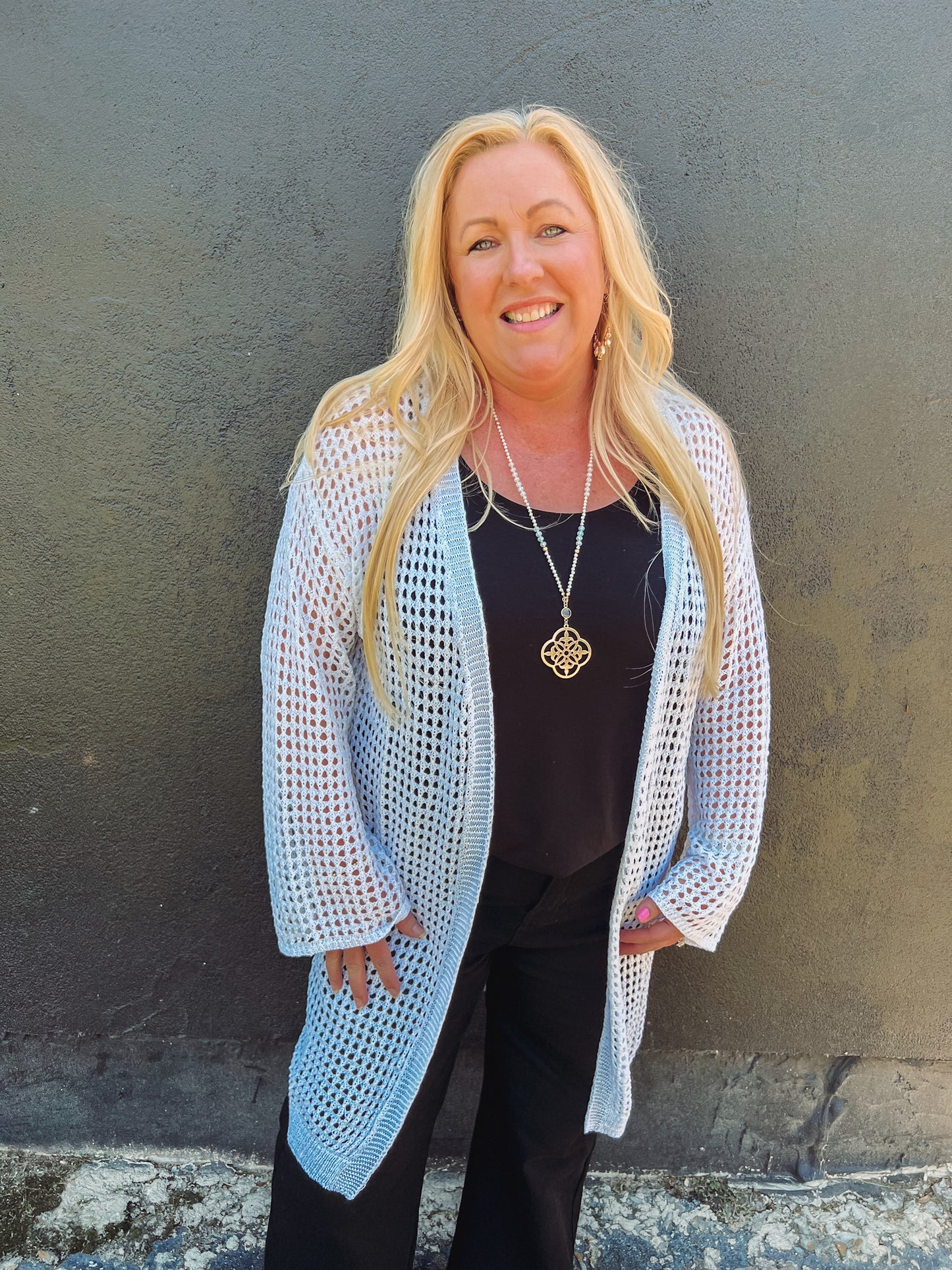 Malibu Villa Open Knit Cardigan | Styled View