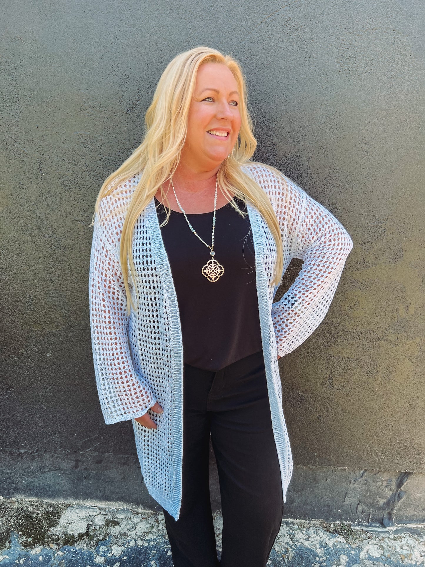 Malibu Villa Open Knit Cardigan | Styled View