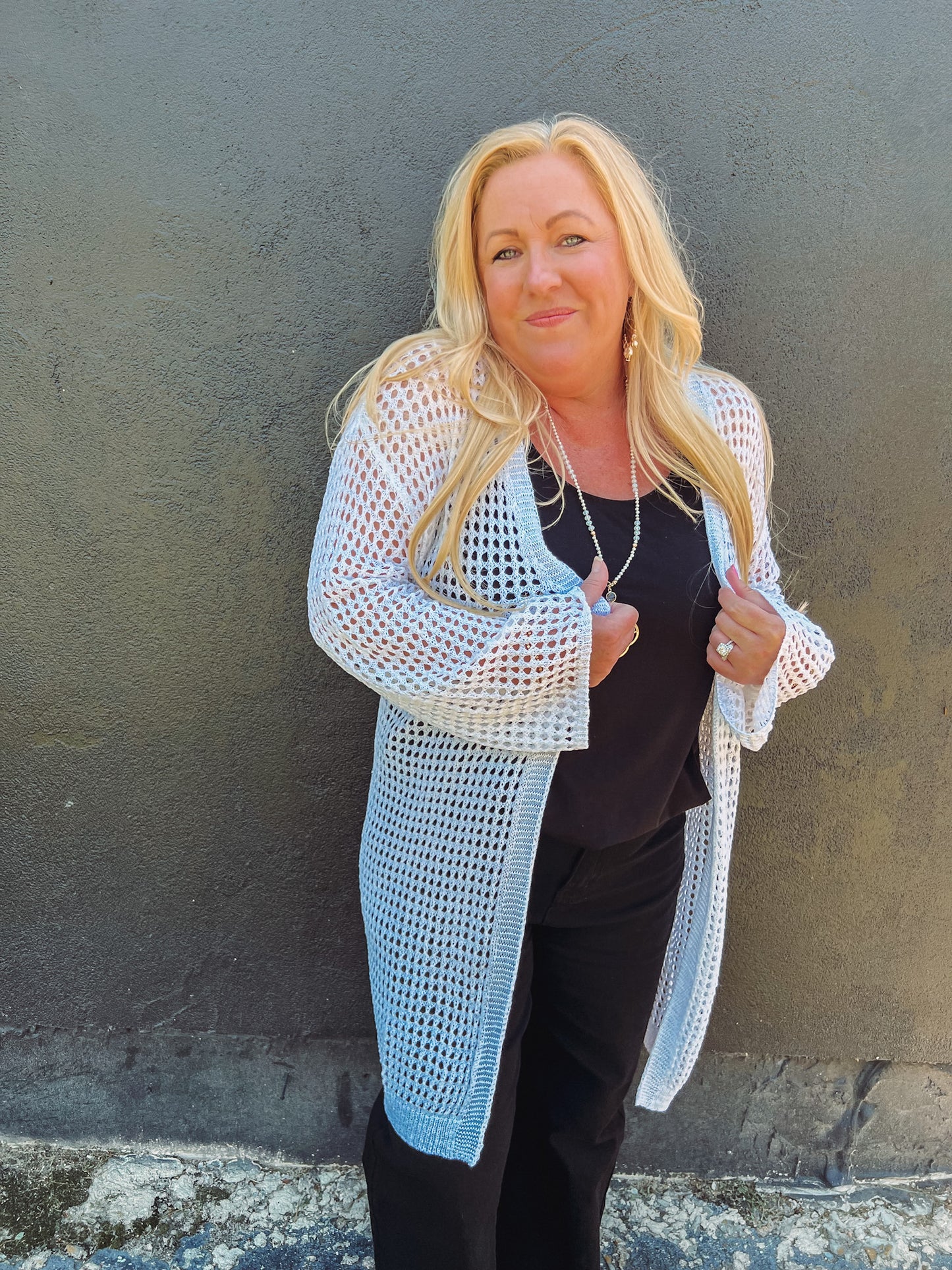 Malibu Villa Open Knit Cardigan | Styled View
