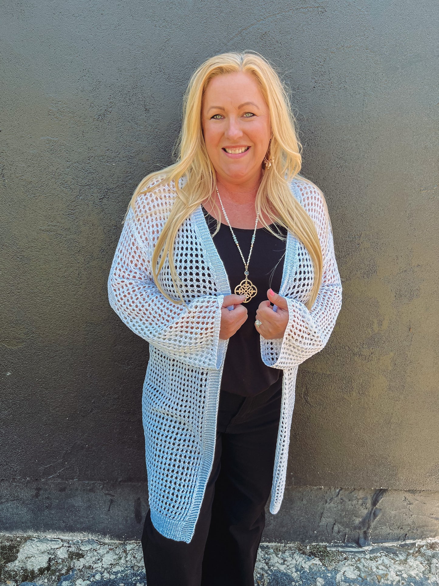 Malibu Villa Open Knit Cardigan | Styled View