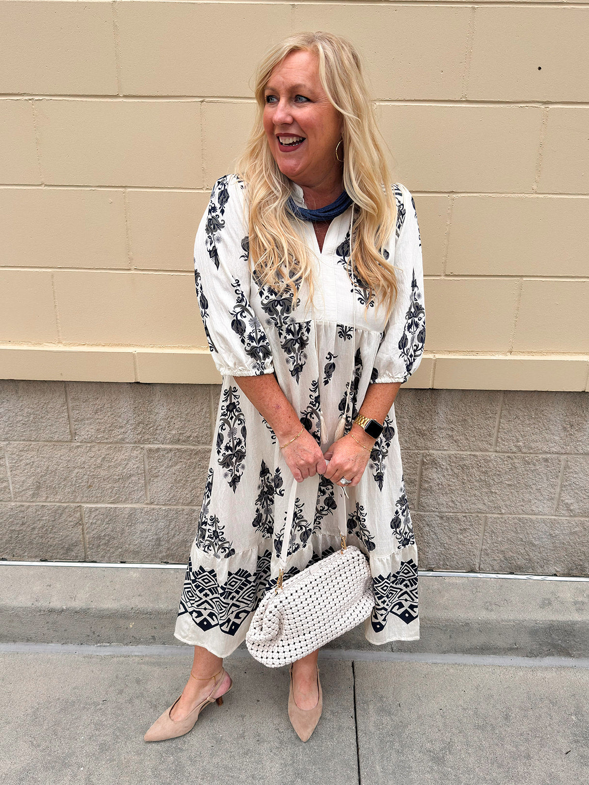 Cream and black abstract print tiered midi dress