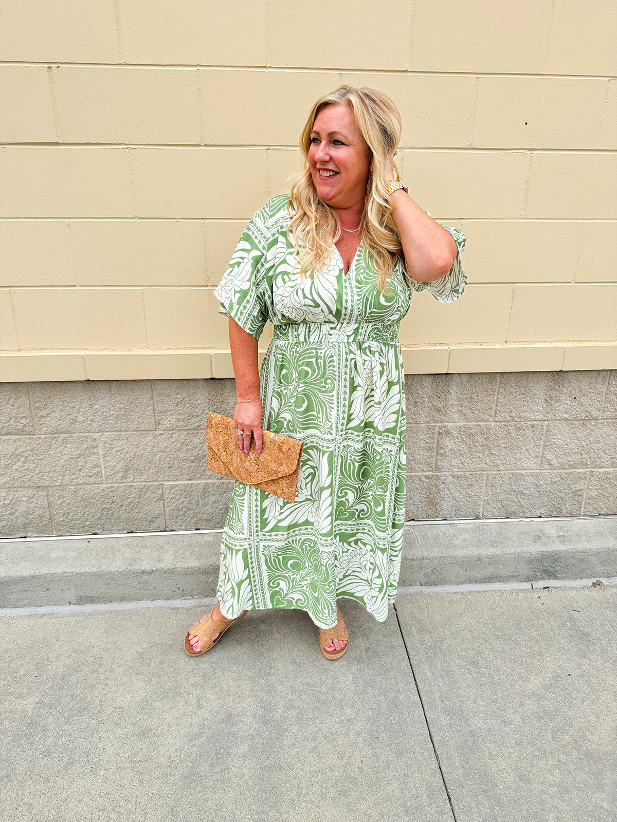 Sunkissed Moment Green and White Pleated Vneck Midi Dress Elastic Waist