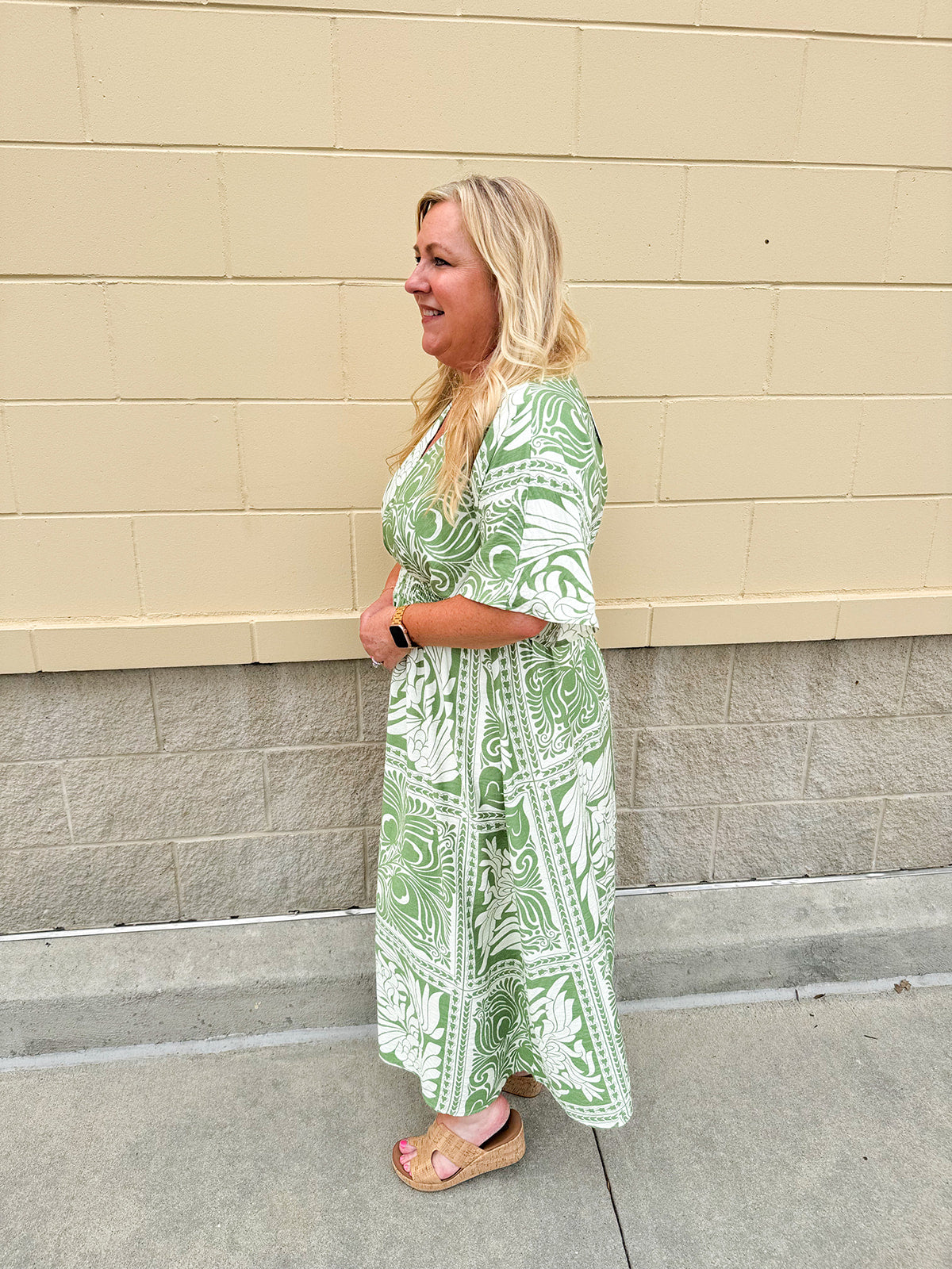 Sunkissed Moment Green and White Pleated Vneck Midi Dress Elastic Waist